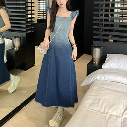 Blue Colourblocked Flutter Sleeve A-Line Midi Dress