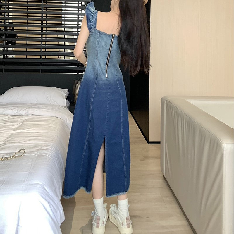 Blue Colourblocked Flutter Sleeve A-Line Midi Dress