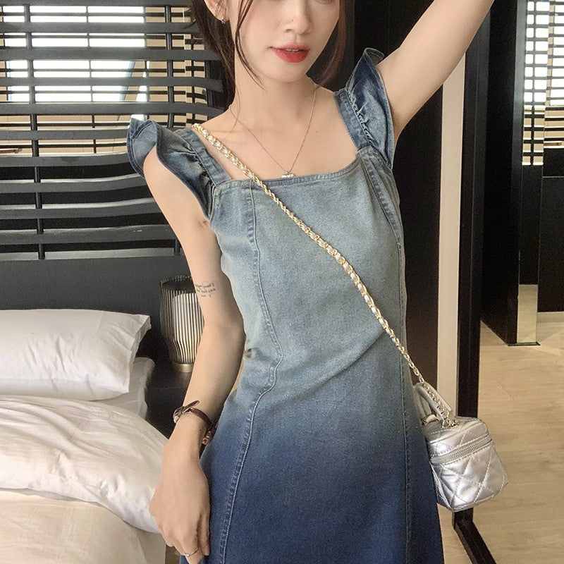 Blue Colourblocked Flutter Sleeve A-Line Midi Dress