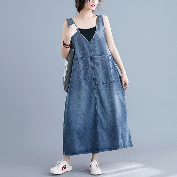 Blue V-Neck Sleeveless Cotton Maxi Dress