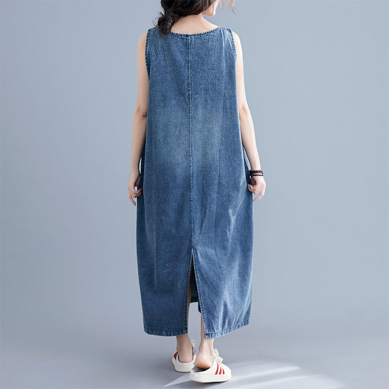 Blue V-Neck Sleeveless Cotton Maxi Dress