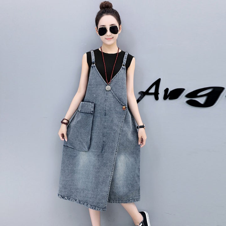 Blue Pinafore Cotton Midi Dress
