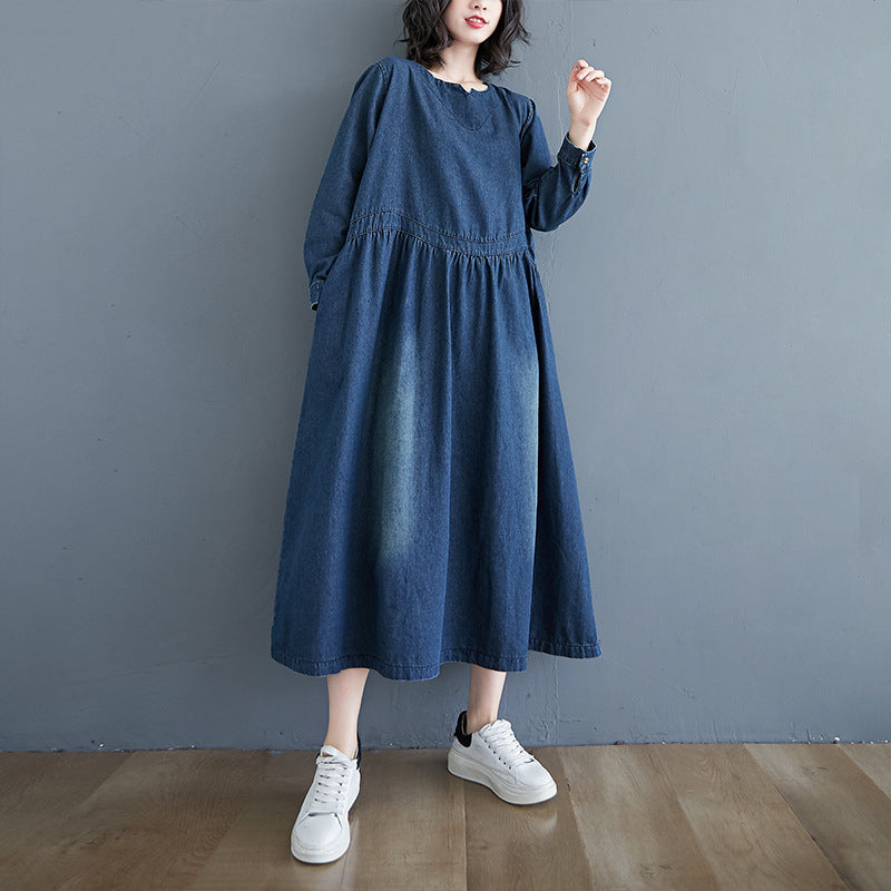 Blue Frayed Denim A-Line Cotton Midi Dress