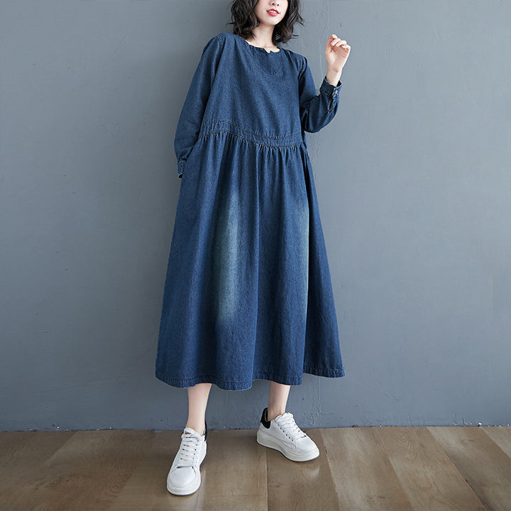 Blue Frayed Denim A-Line Cotton Midi Dress