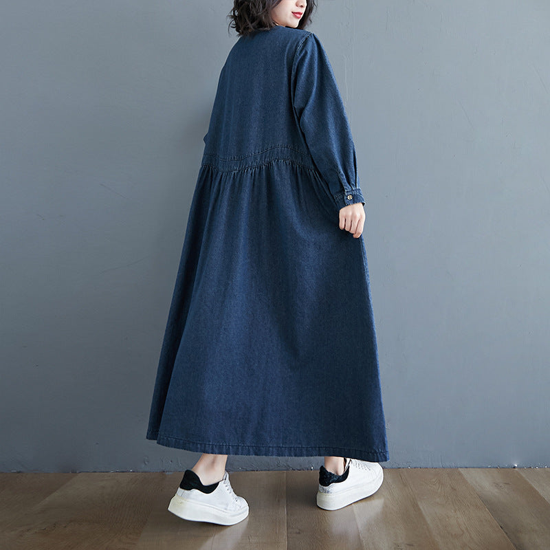 Blue Frayed Denim A-Line Cotton Midi Dress