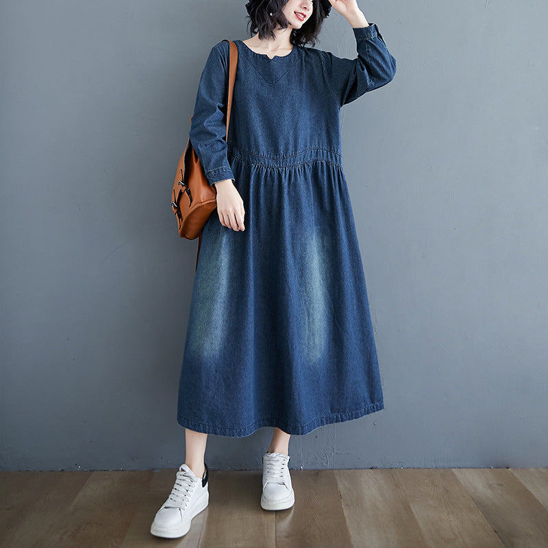 Blue Frayed Denim A-Line Cotton Midi Dress