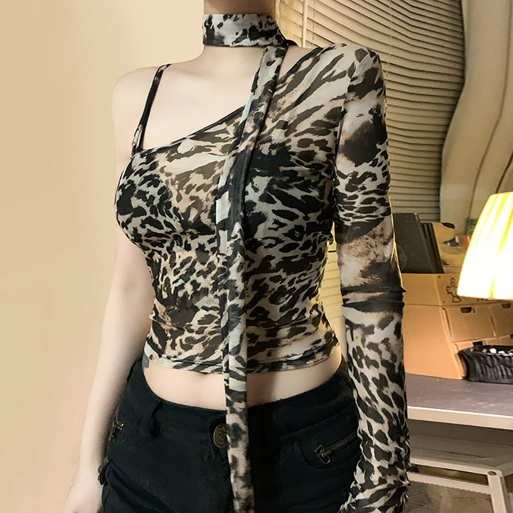 Women Animal Printed Net Crop Top