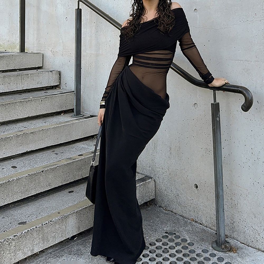 Off-Shoulder Cold-Shoulder Net Bodycon Maxi Dress
