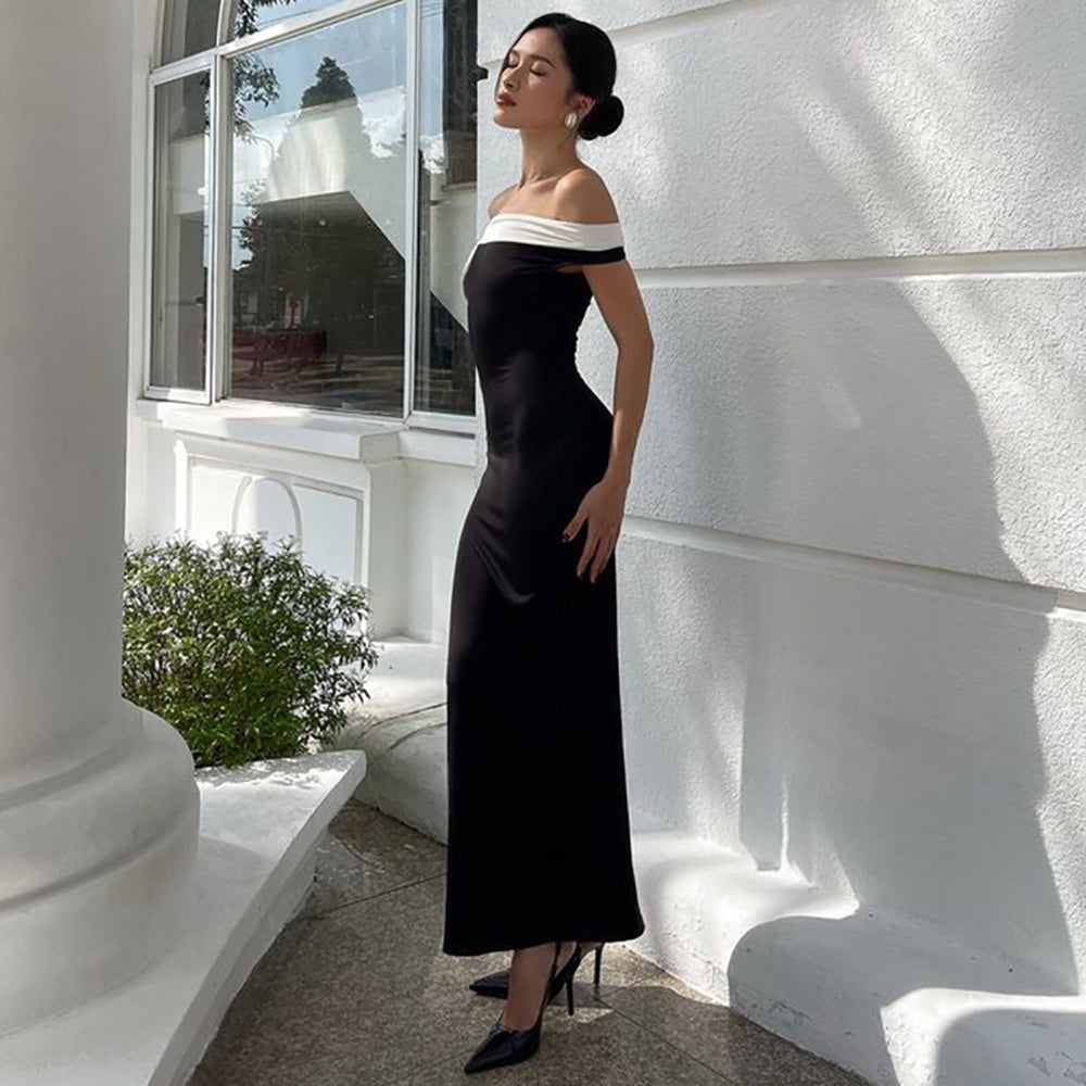Colourblocked Off-Shoulder Bodycon Maxi Dress
