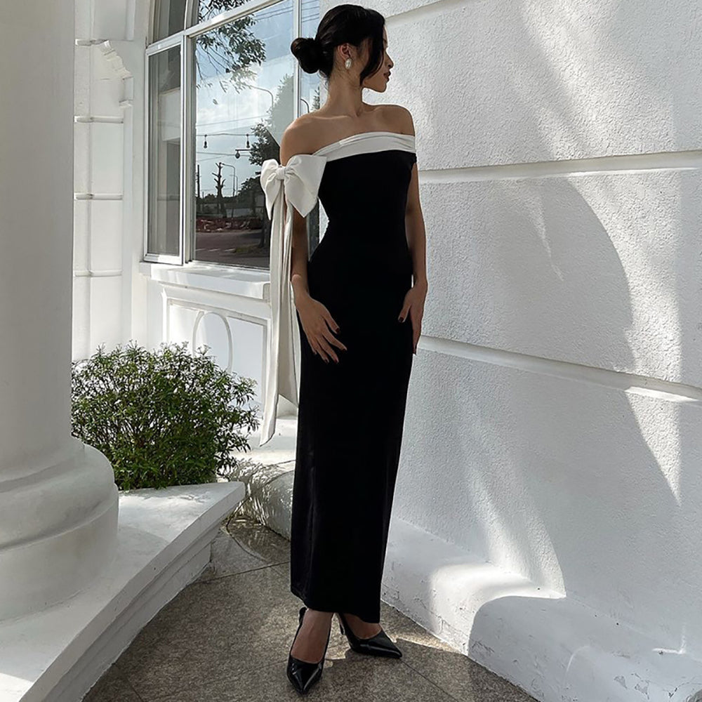 Colourblocked Off-Shoulder Bodycon Maxi Dress