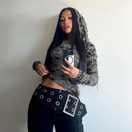 Women Hooded Extended Sleeves Top