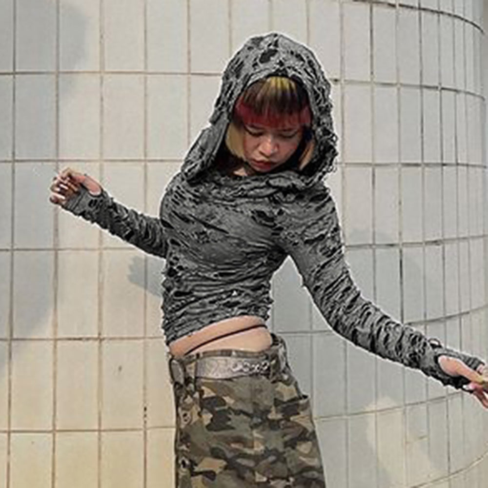 Women Hooded Extended Sleeves Top