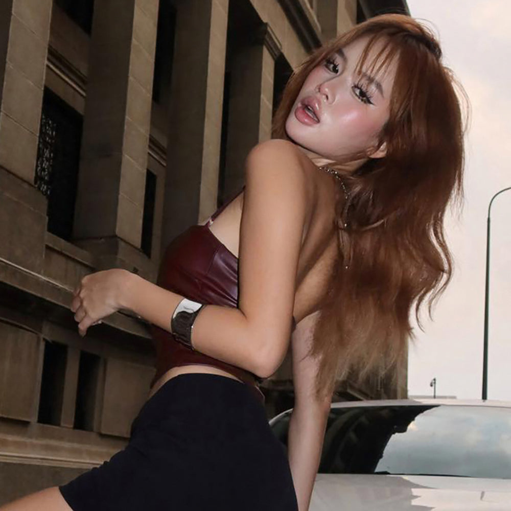 Halter Neck PU Coated Tube Crop Top
