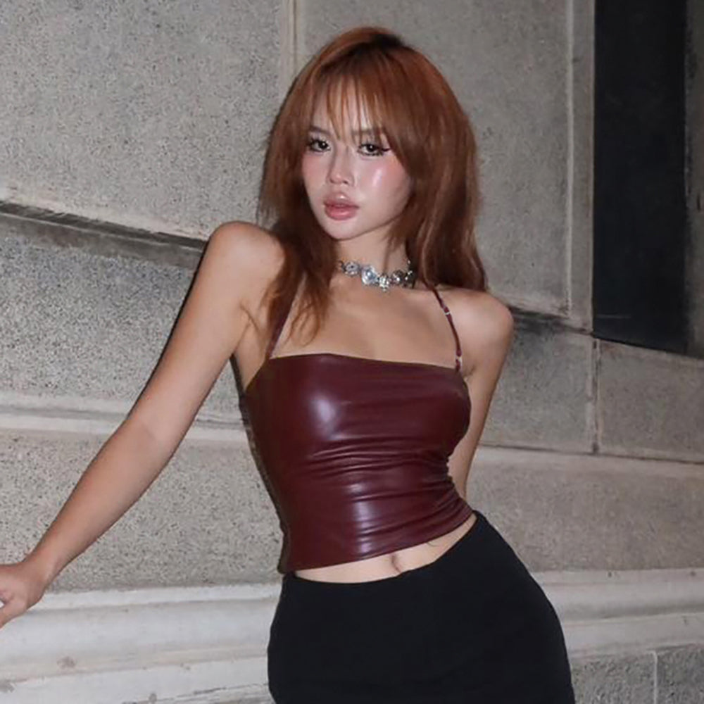 Halter Neck PU Coated Tube Crop Top