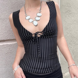 Women Vertical Striped Plunge Neck Top