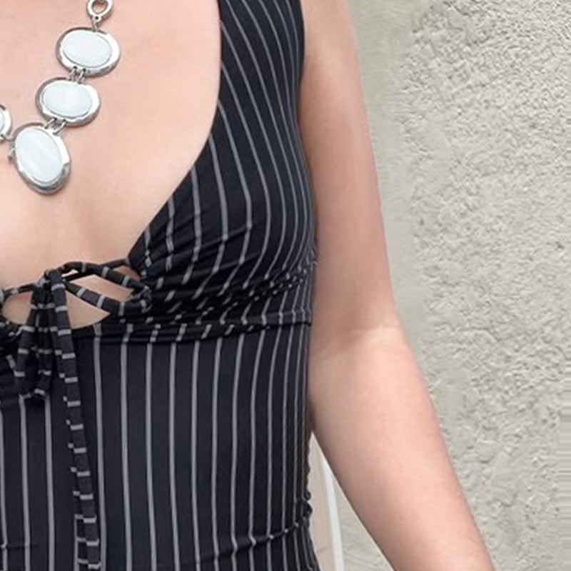 Women Vertical Striped Plunge Neck Top