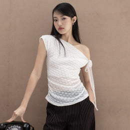 Women One Shoulder Lace Fitted Top