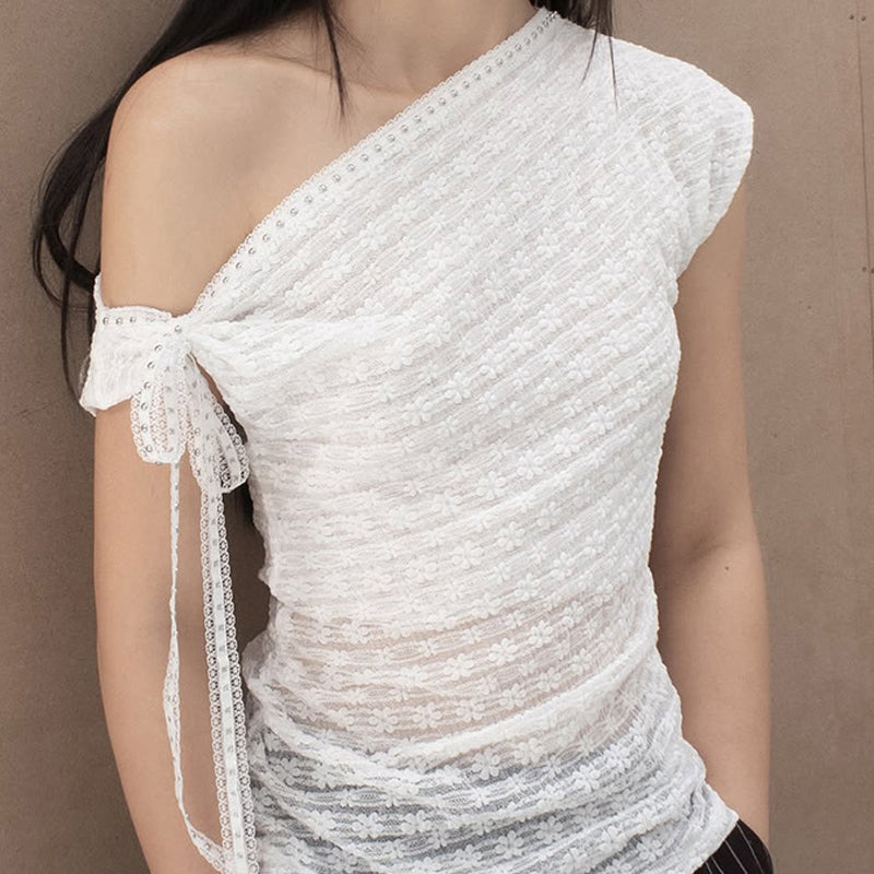 Women One Shoulder Lace Fitted Top