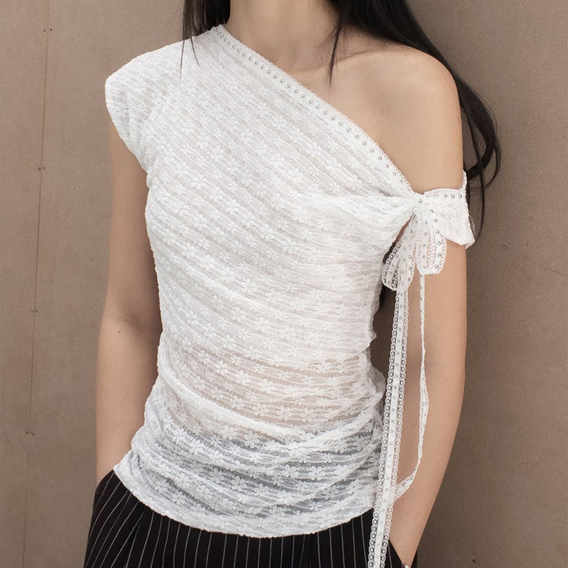 Women One Shoulder Lace Fitted Top