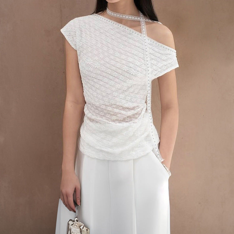 Women One Shoulder Lace Fitted Top