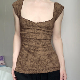 Women Floral Print Cap Sleeves Scoop Neck Regular Top