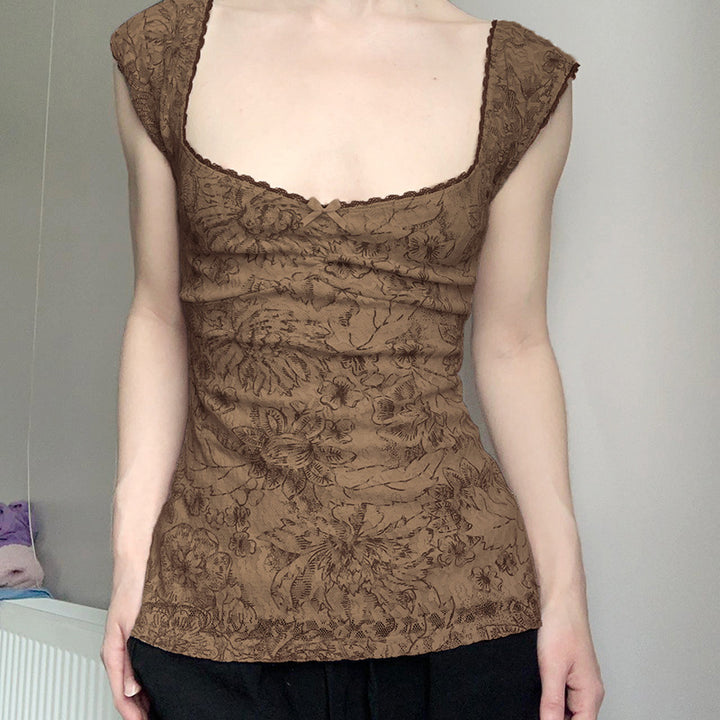 Women Floral Print Cap Sleeves Scoop Neck Regular Top