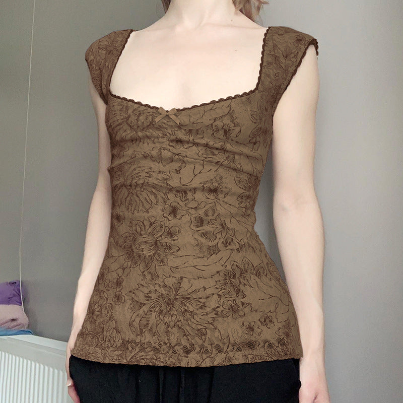 Women Floral Print Cap Sleeves Scoop Neck Regular Top
