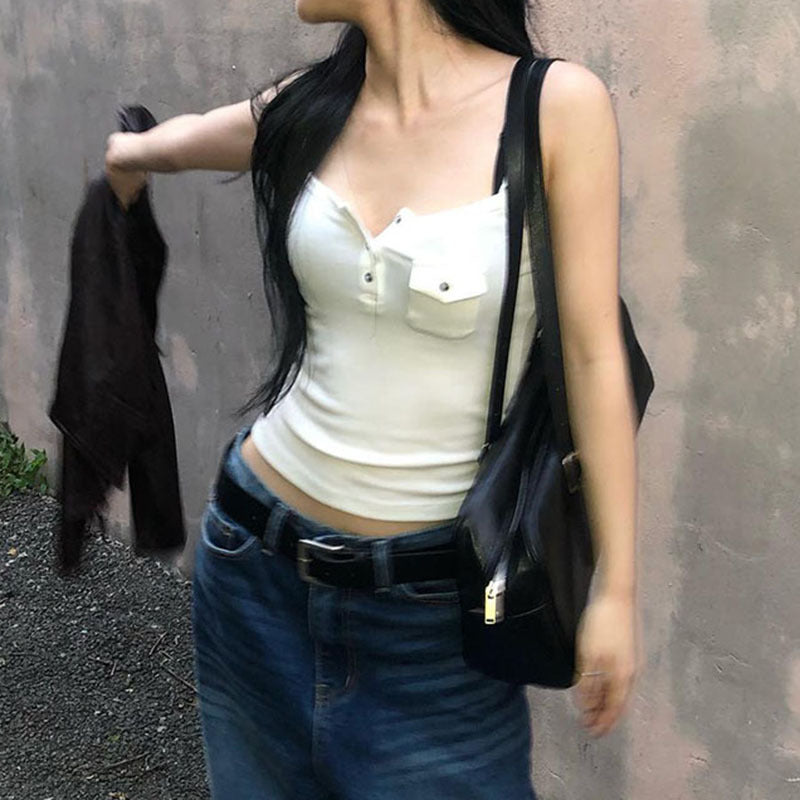 Women Square Neck Ruched Fitted Top With Pocket