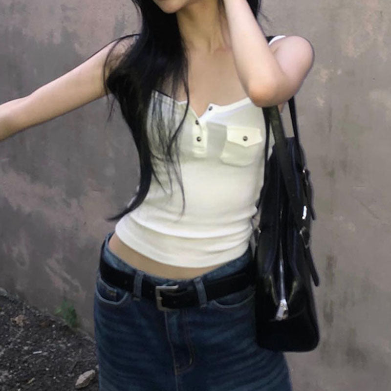 Women Square Neck Ruched Fitted Top With Pocket