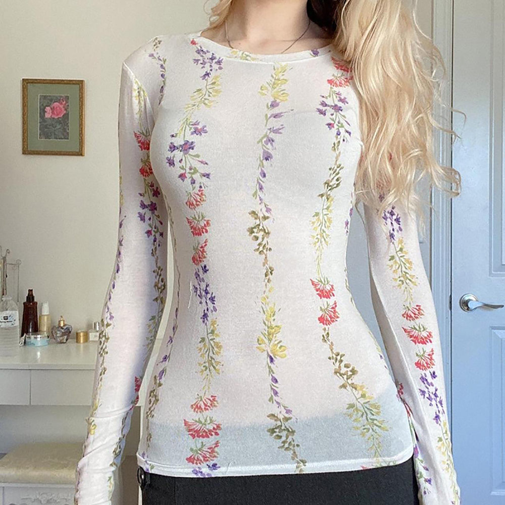 Women Floral Printed Round Neck Semi Sheer Top