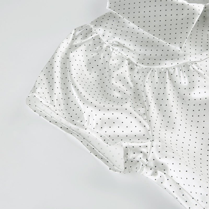 Polka Dot Printed Cutaway Collar Puff Sleeves Slim Fit Casual Shirt