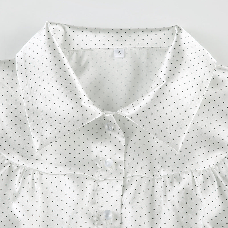 Polka Dot Printed Cutaway Collar Puff Sleeves Slim Fit Casual Shirt