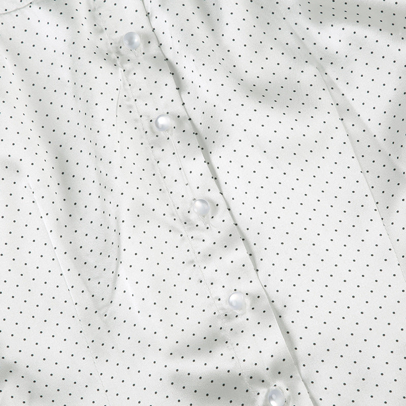 Polka Dot Printed Cutaway Collar Puff Sleeves Slim Fit Casual Shirt