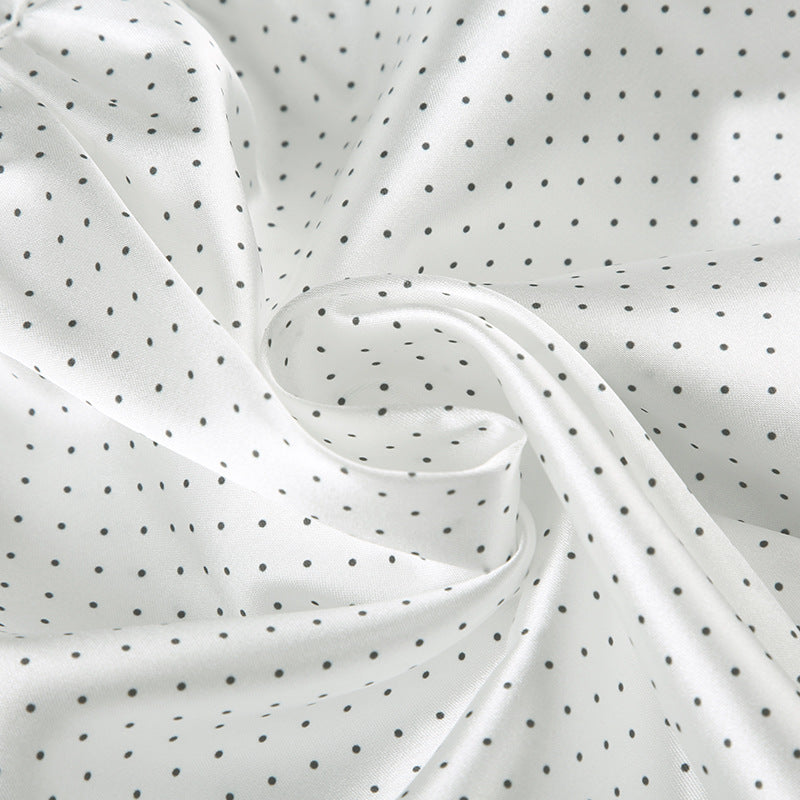 Polka Dot Printed Cutaway Collar Puff Sleeves Slim Fit Casual Shirt