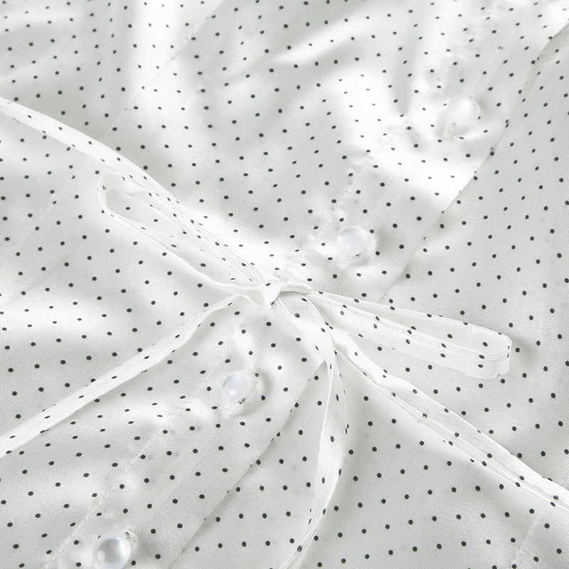 Polka Dot Printed Cutaway Collar Puff Sleeves Slim Fit Casual Shirt