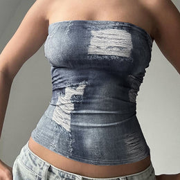 Women Frayed Denim Tube Crop Top