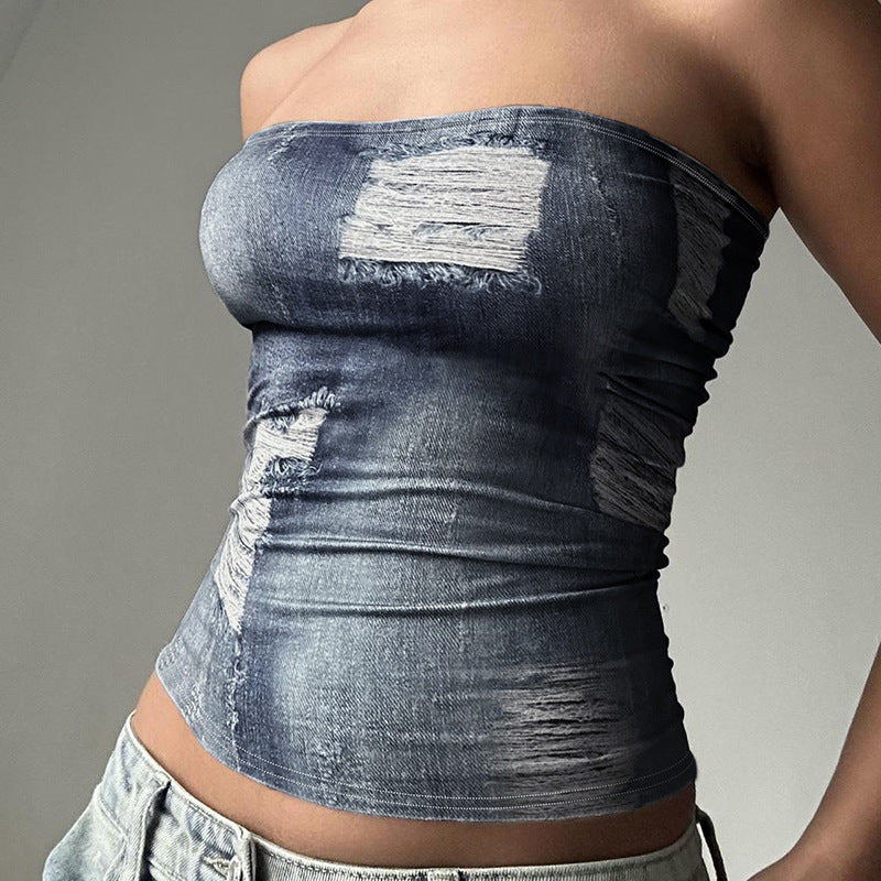 Women Frayed Denim Tube Crop Top