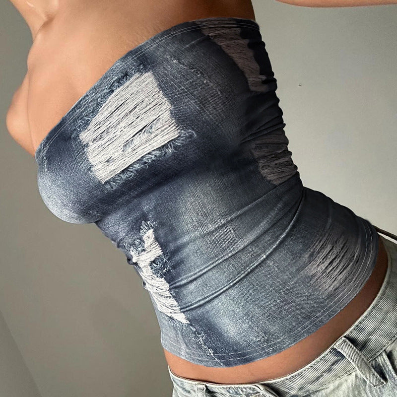 Women Frayed Denim Tube Crop Top