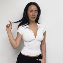 Women Solid Shirt Collar Crop Top