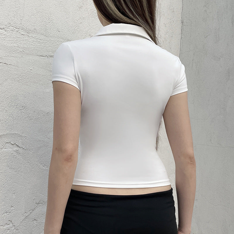 Women Solid Shirt Collar Crop Top