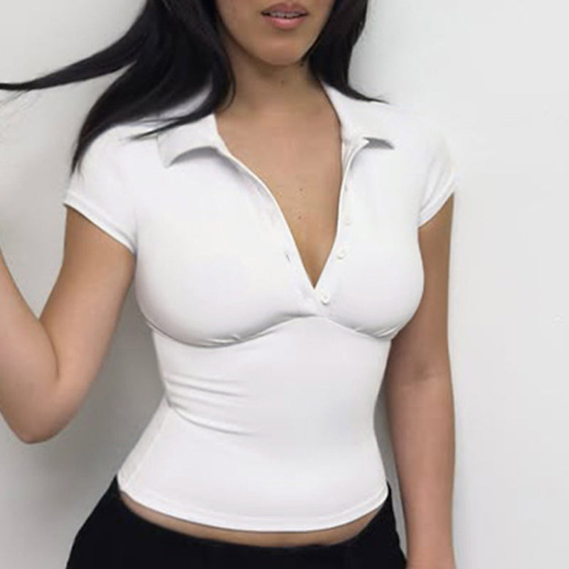 Women Solid Shirt Collar Crop Top