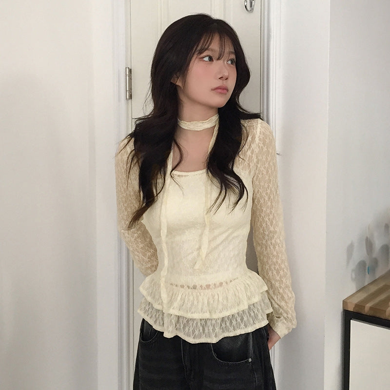 Women Lace Inserts Cinched Waist Top