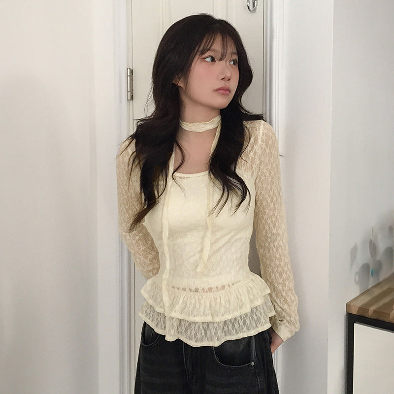 Women Lace Inserts Cinched Waist Top