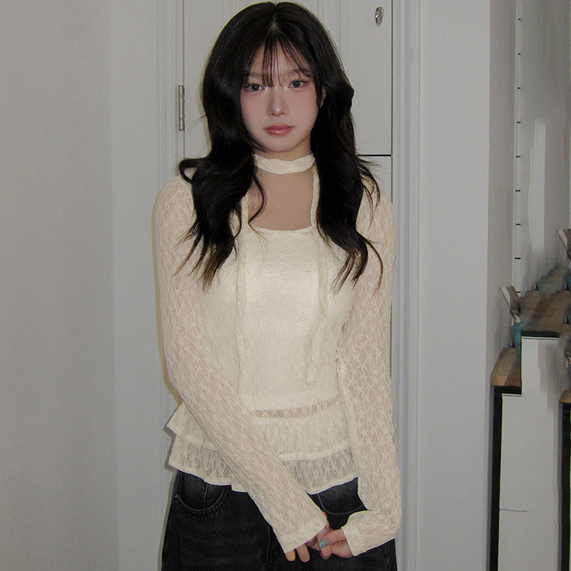 Women Lace Inserts Cinched Waist Top