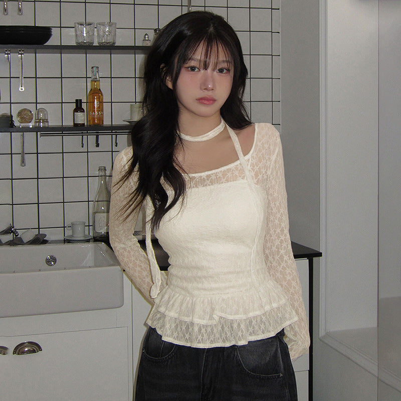 Women Lace Inserts Cinched Waist Top
