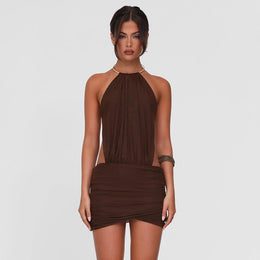 Women Halter Neck Backless Wrap Mini Dress