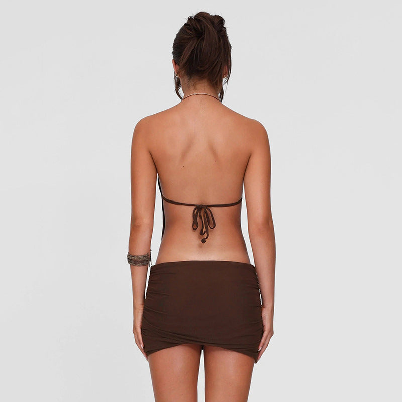 Women Halter Neck Backless Wrap Mini Dress
