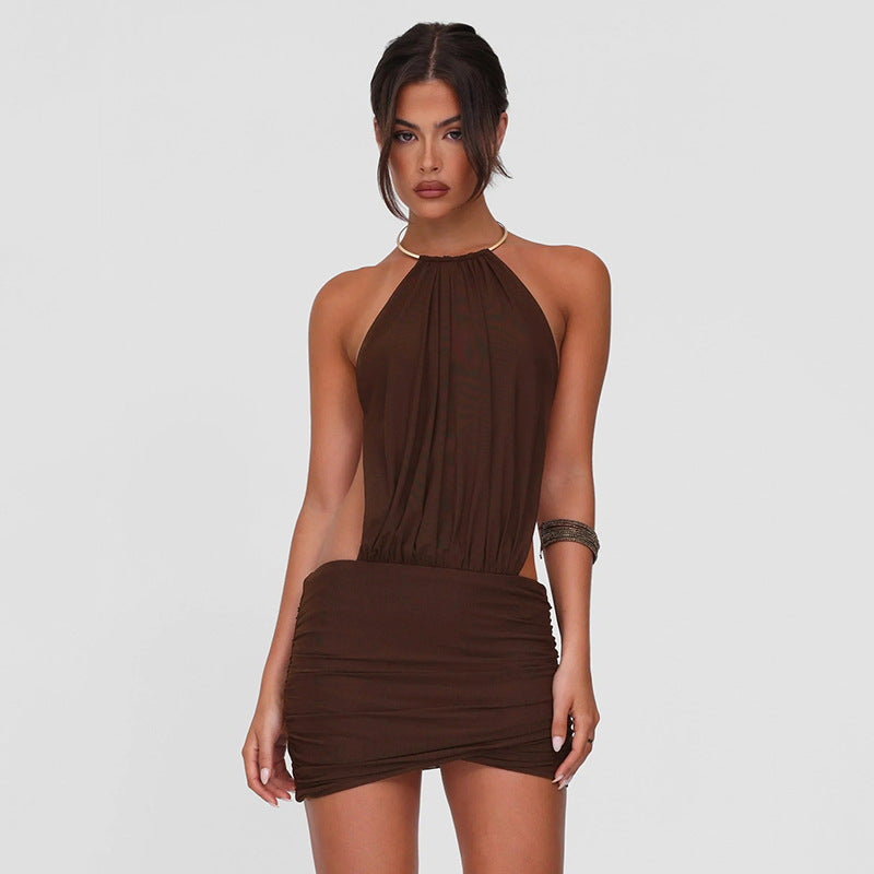 Women Halter Neck Backless Wrap Mini Dress
