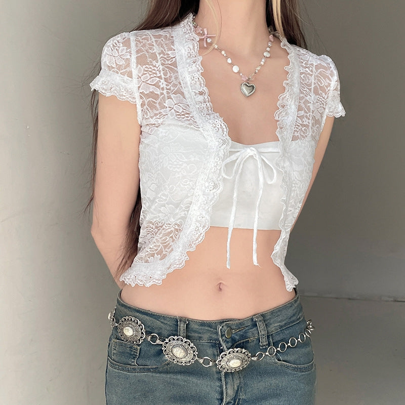 Women Semi Sheer Tie-Up Lace Top