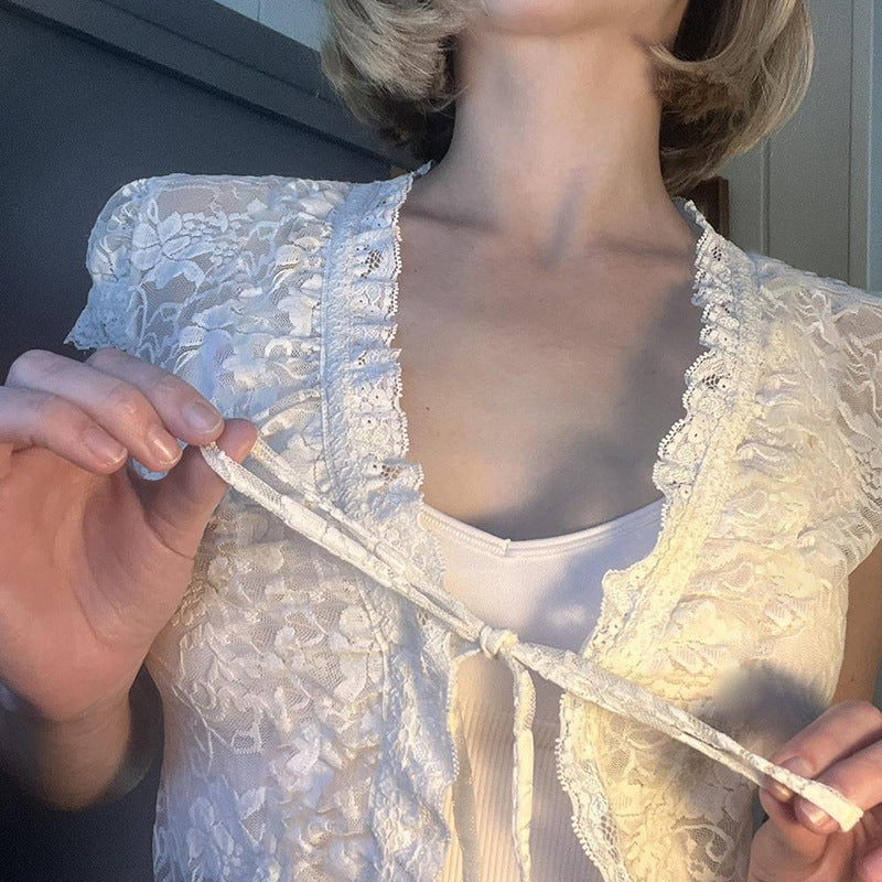 Women Semi Sheer Tie-Up Lace Top